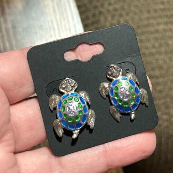 Vintage Sterling Silver 925 Enamel Turtle Stud Earrings - Picture 7 of 16